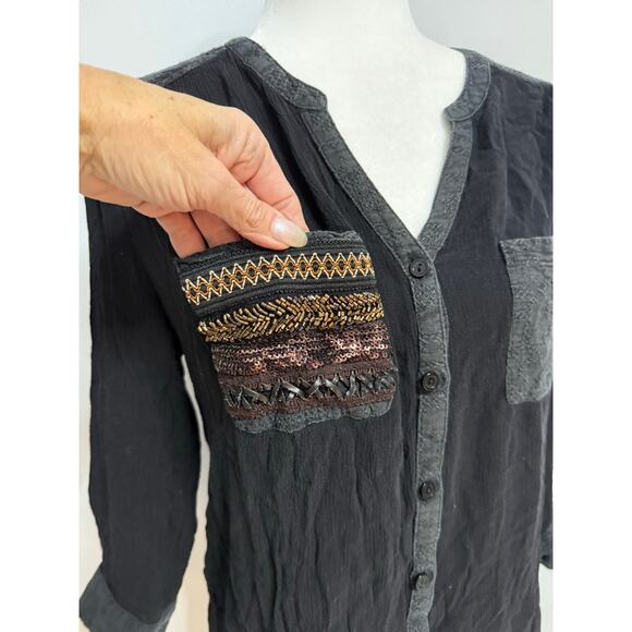 Miss Me Beaded Top Size Embellished Black Pocket 100% Rayon Button Back Med Y2K - Picture 2 of 7